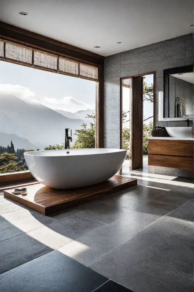 Japaneseinspired bathroom with soaking tub and wooden vanity