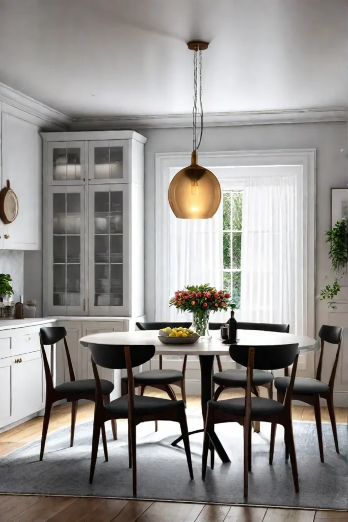 Kitchen breakfast nook with soft morning light and a pendant light above