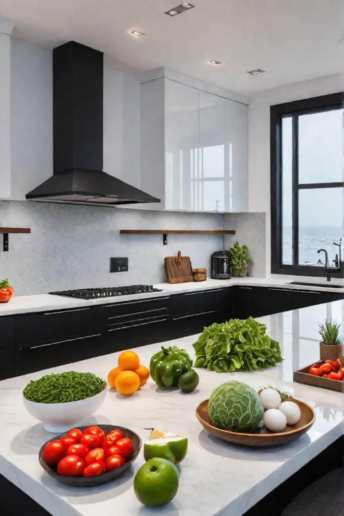 Kitchen countertop with fresh ingredients and smart kitchen hub