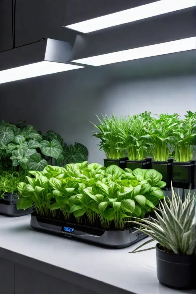 Kitchen herb garden with smart grow lights and irrigation