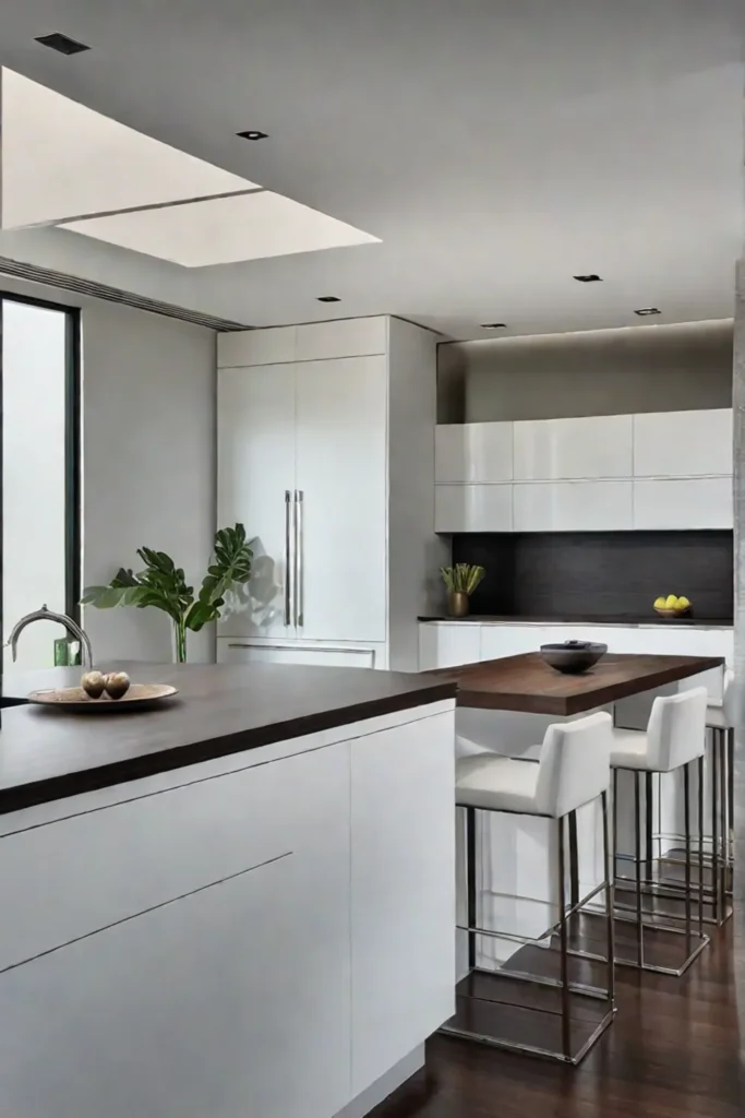 Kitchen island with breakfast bar and woven bar stools