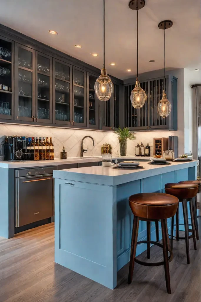 Kitchen island with pendant lights serving as a home bar with a