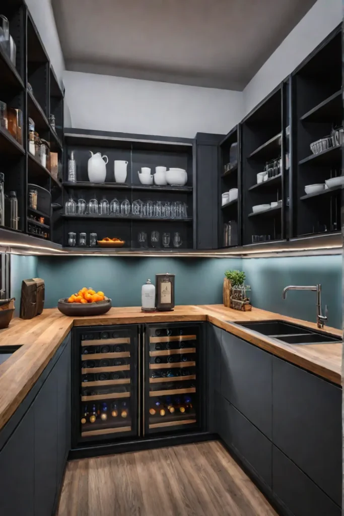 Kitchen pantry with smart shelves and automatic reordering