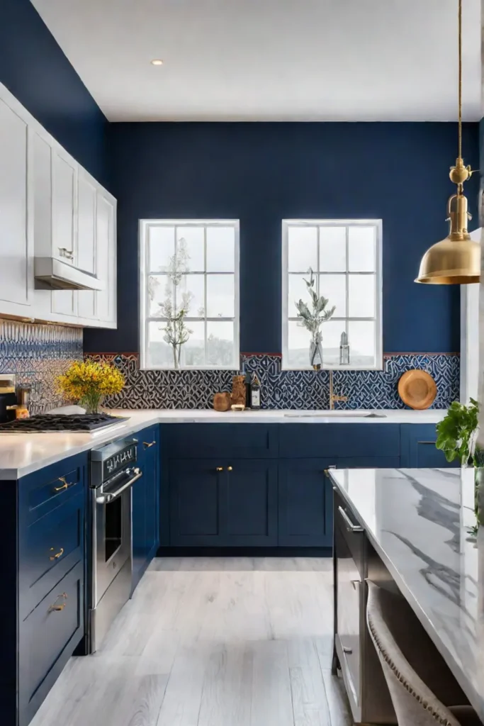 Kitchen with a bold navy blue accent wall white cabinetry and colorful 1