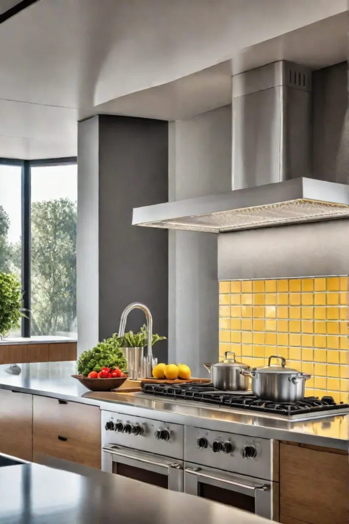 Kitchen with a sunny yellow backsplash light wood cabinetry and stainless steel