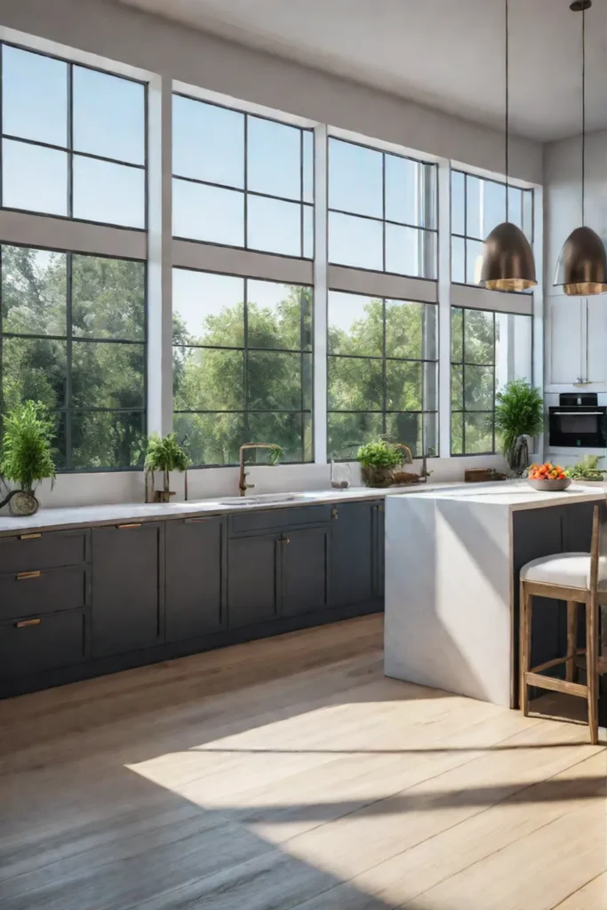Kitchen with a view of a garden connecting indoor and outdoor spaces
