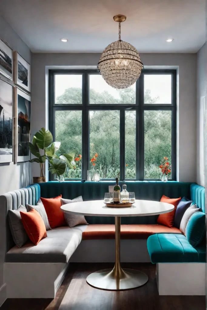 Kitchen with breakfast nook featuring builtin bench and round table