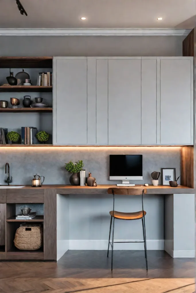 Kitchen with builtin desk area and task lighting