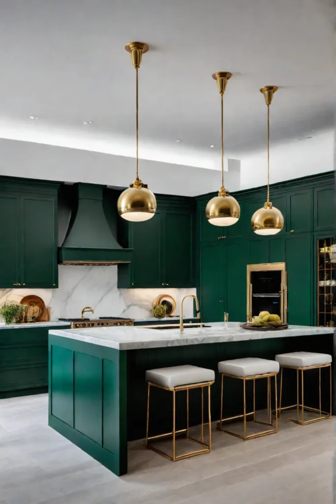 Kitchen with dark green cabinets and brass hardware