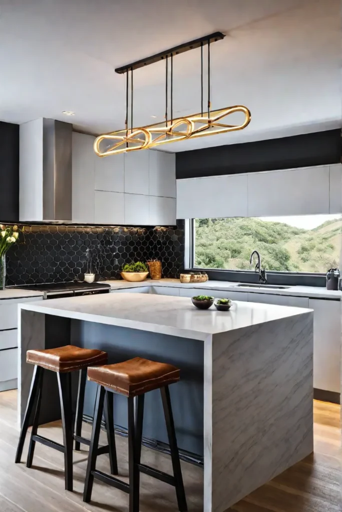 Kitchen with geometric pendant lights