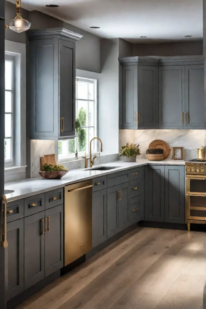 Kitchen with gray cabinets refaced with wood veneer and brass hardware