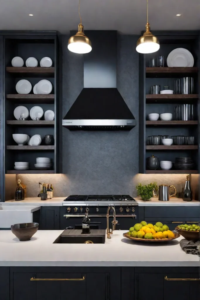Kitchen with open shelving displaying dishware and glassware highlighted by accent lighting