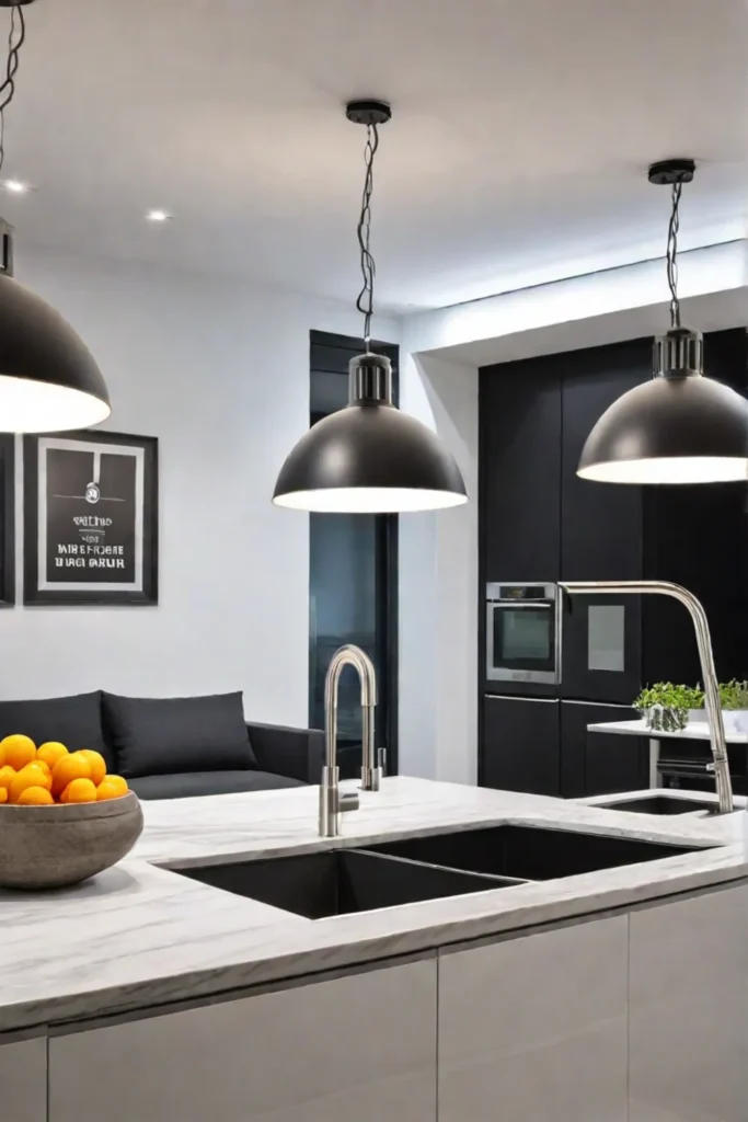 Kitchen with pendant and recessed lighting