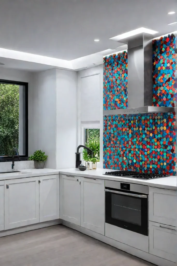 Kitchen with statement mosaic tile backsplash