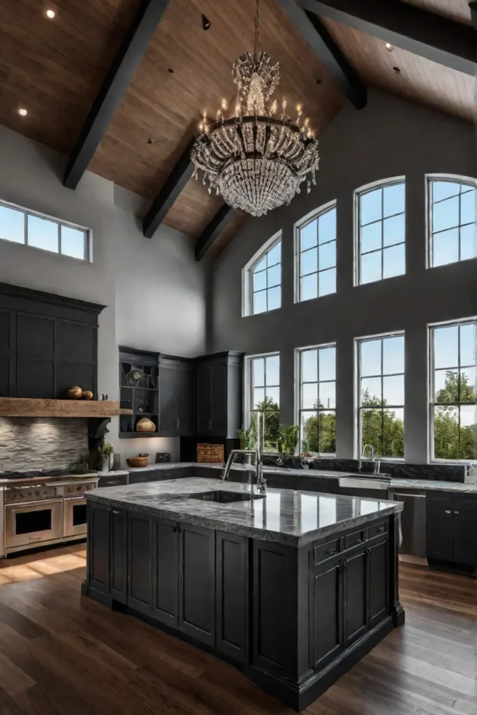 Kitchen with vaulted ceiling and chandelier lighting