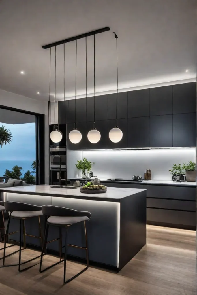 Kitchen island illuminated by a combination of pendant and recessed lighting for task and ambient illumination