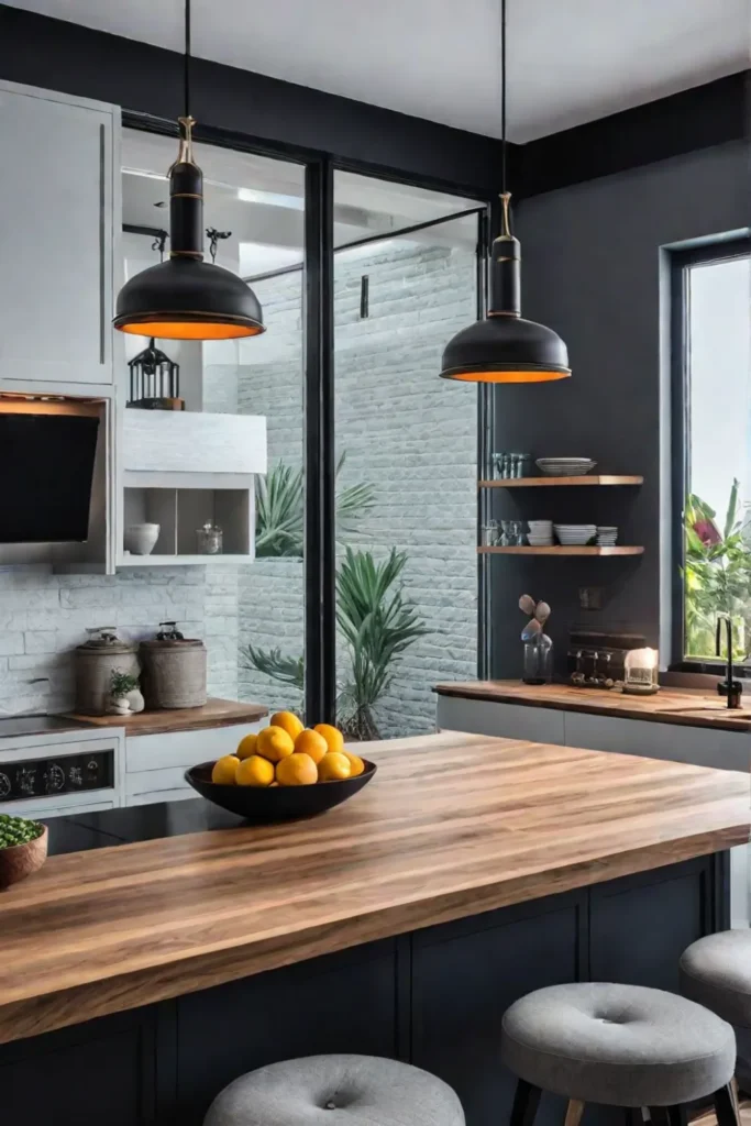 Kitchen island serving as cooking dining and work space