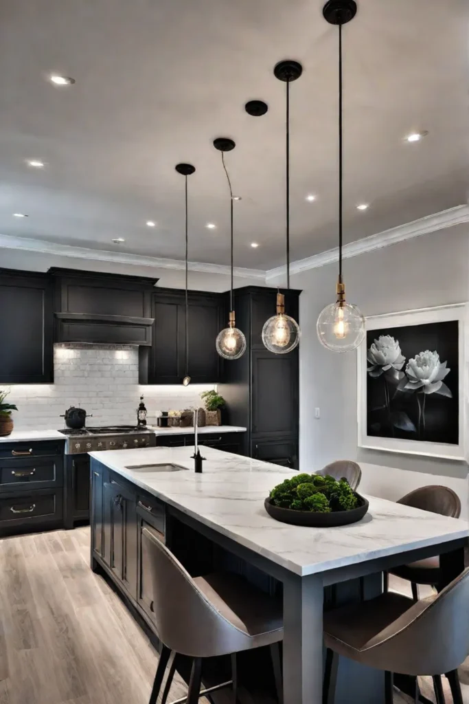 Kitchen with lighting fixtures that harmonize with the overall design for a cohesive aesthetic