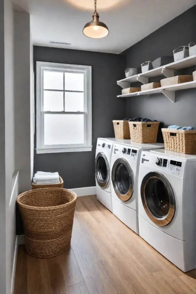 Laundry room with labeled storage containers