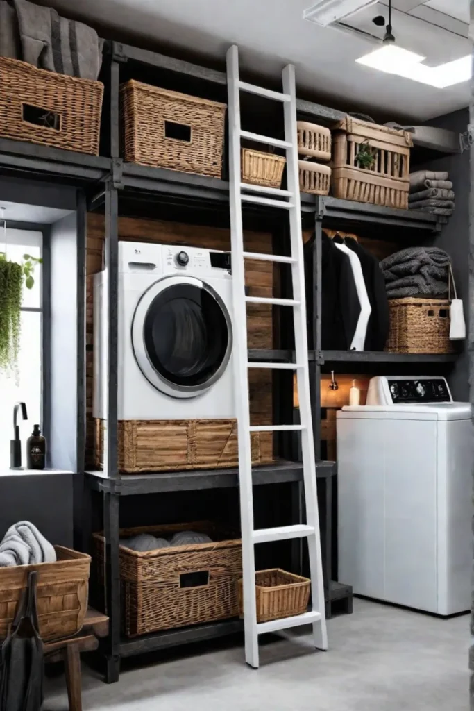 Laundry room with repurposed storage items