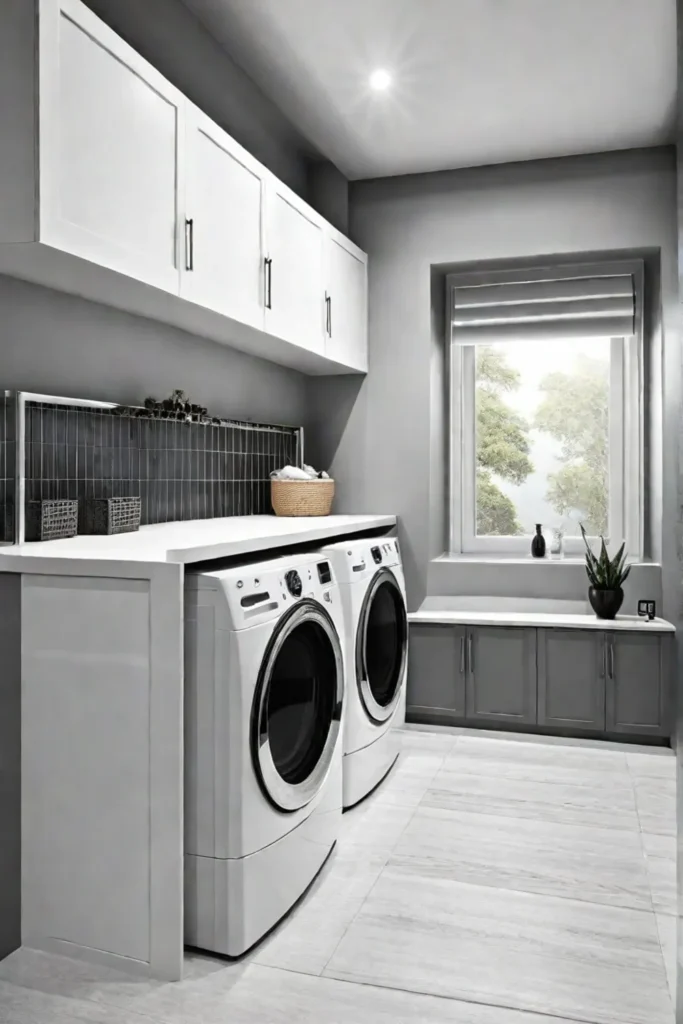 Laundry room with specialized storage for cleaning supplies
