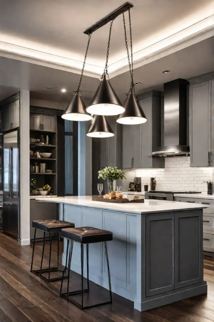 Layered lighting highlighting the kitchen island and creating an intimate atmosphere