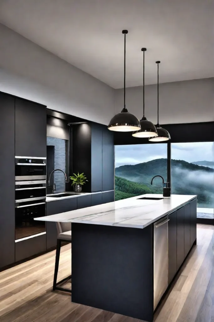 Layered lighting in a kitchen with pendant lights and recessed lighting over an island