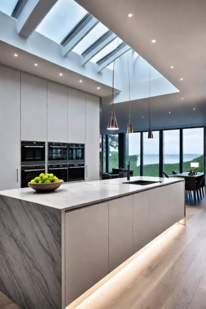 Layered lighting in a transitional kitchen showcasing a blend of traditional and modern styles