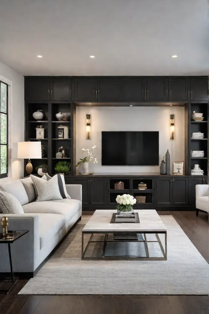 Living room featuring durable furniture and integrated storage