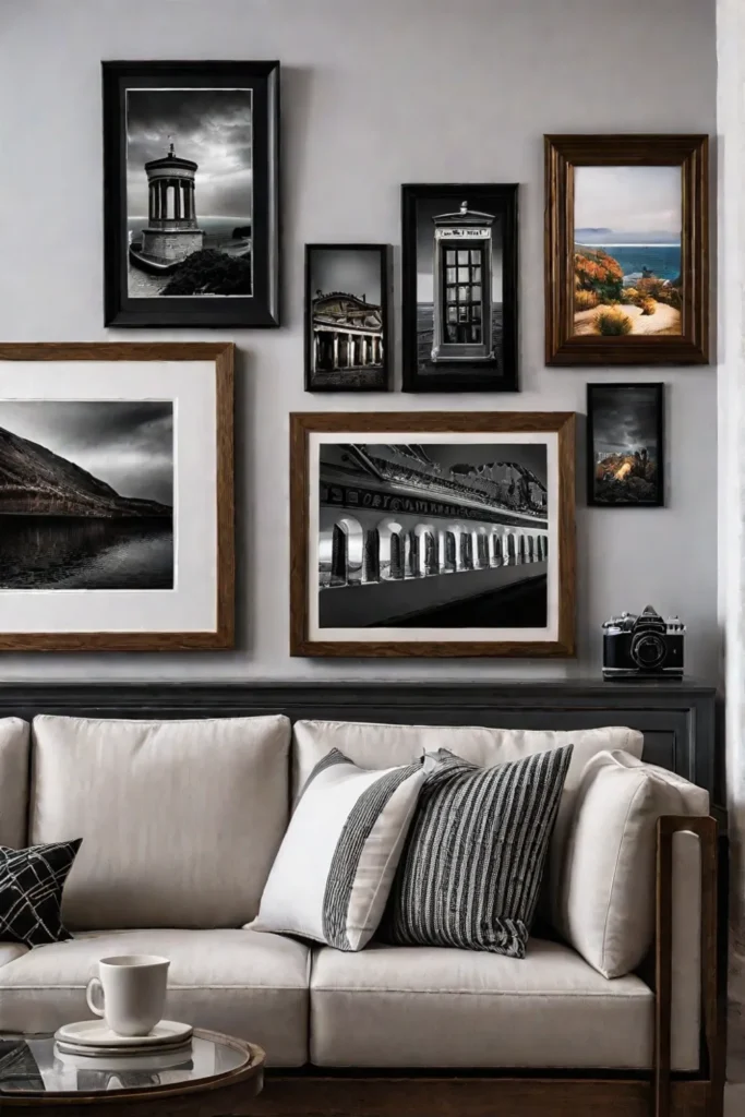 Living room gallery wall with framed art and photos