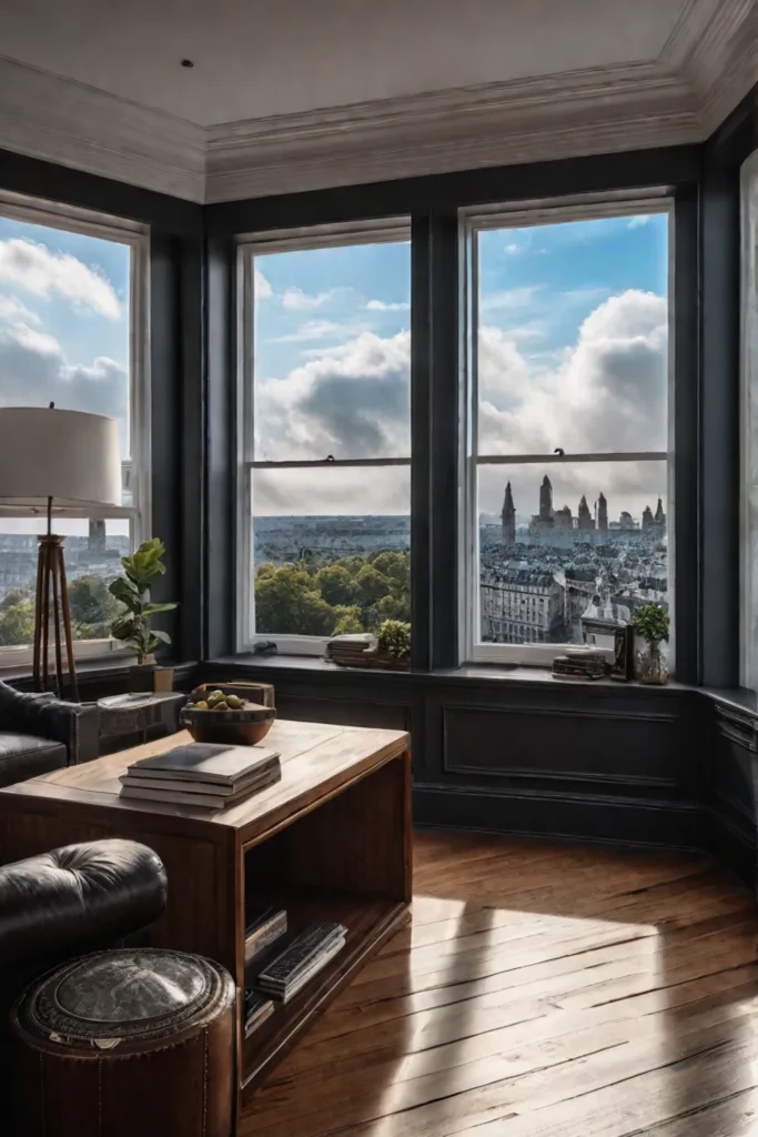 Living room with a bay window overlooking a cityscape featuring a mix