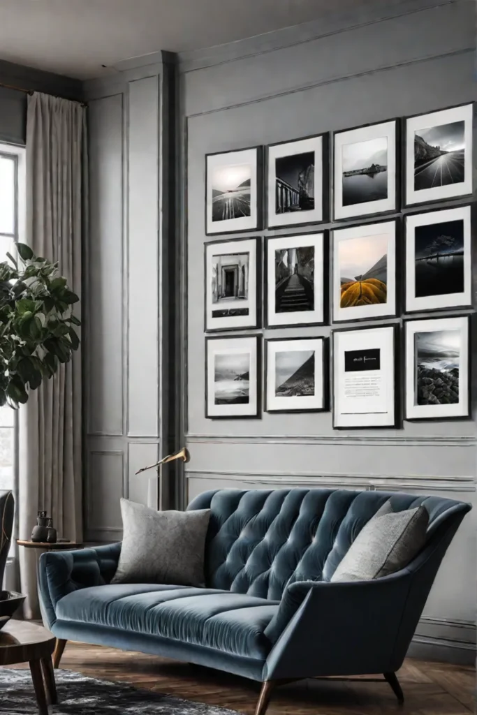 Living room with a gallery wall of vintage and contemporary art prints