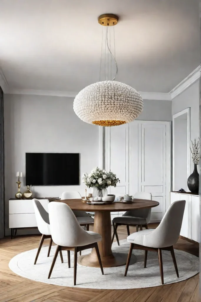 Living room with a statement pendant light above the dining table