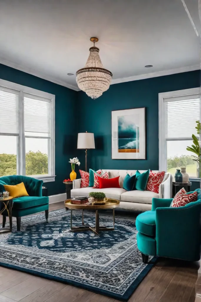 Living room with bold colors and patterns