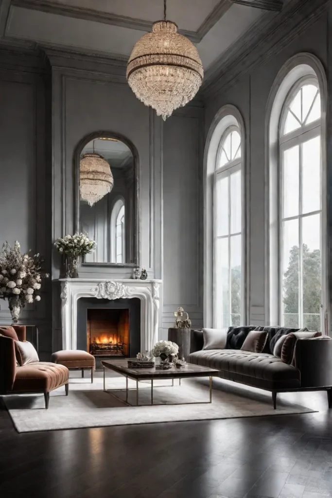 Living room with large mirror above fireplace