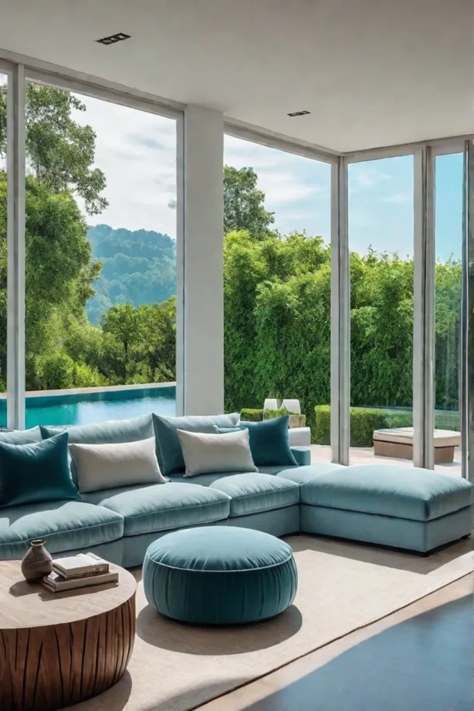 Living room with large windows and nature view