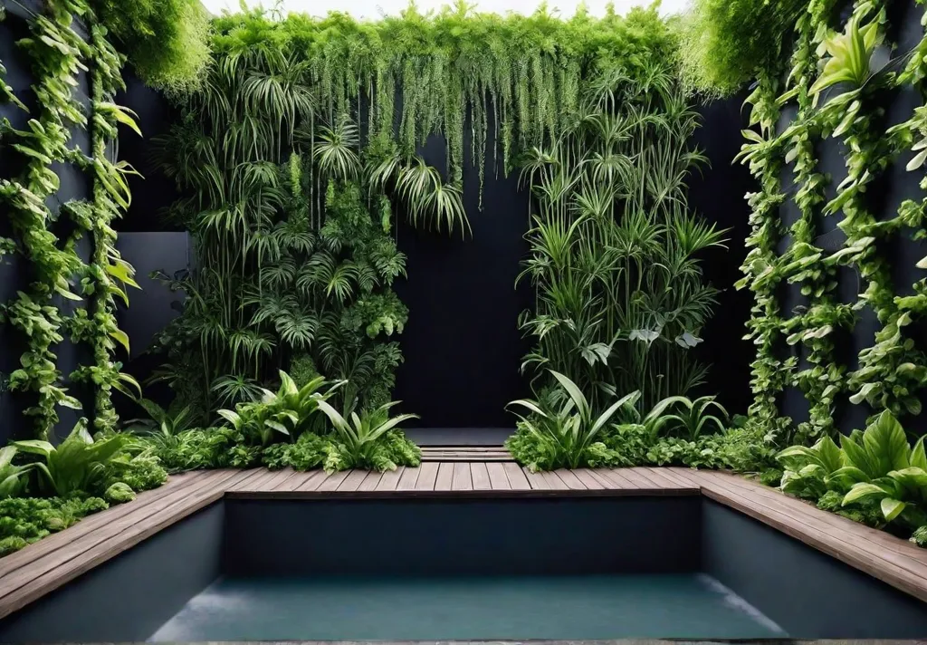 Lush vertical garden with cascading vines tomato plants and herbs in raisedfeat