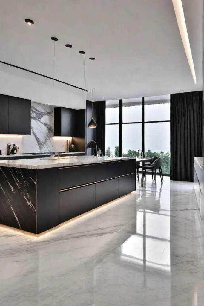 Luxurious and modern kitchen with marble island