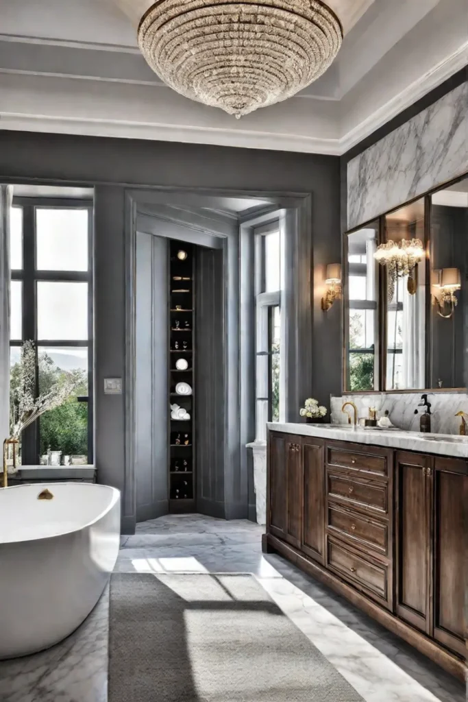 Luxurious bathroom with marble countertop and soaking tub