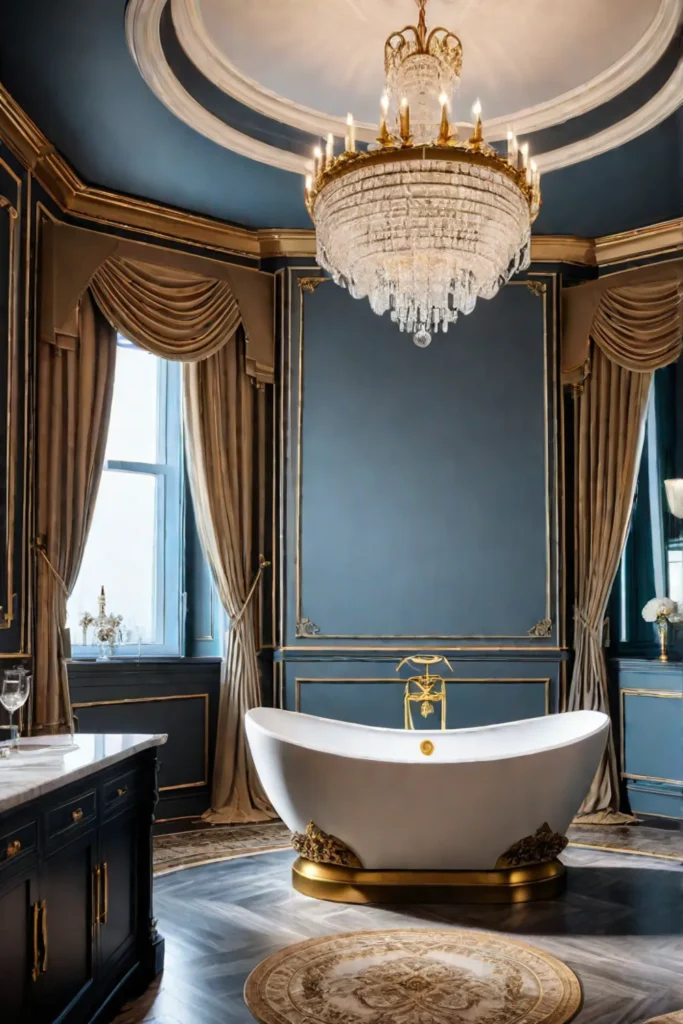 Luxurious bathroom with marble tile floor and gold fixtures