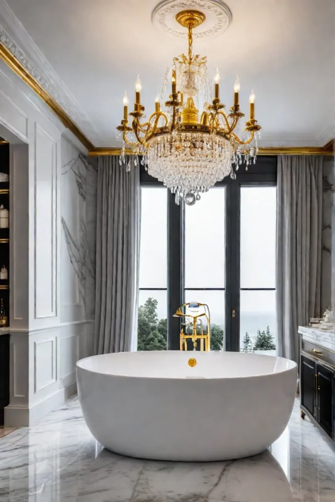 Luxurious bathroom with marble tiles and gold accents