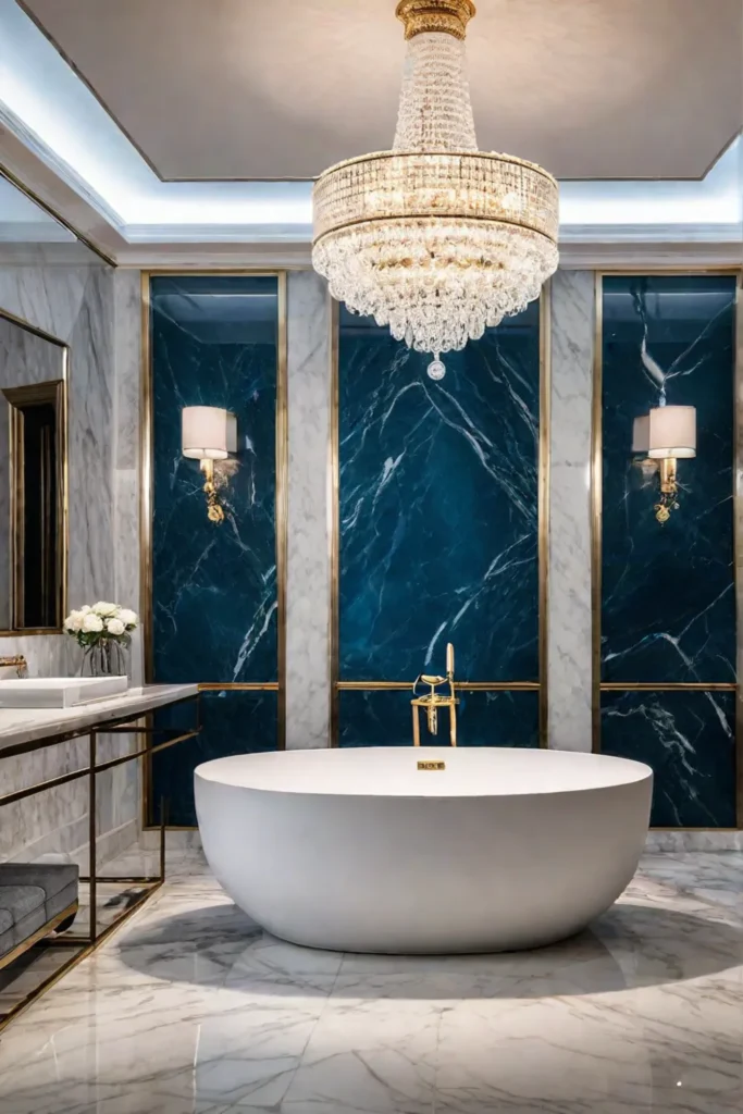 Luxurious bathroom with marble walls and chandelier