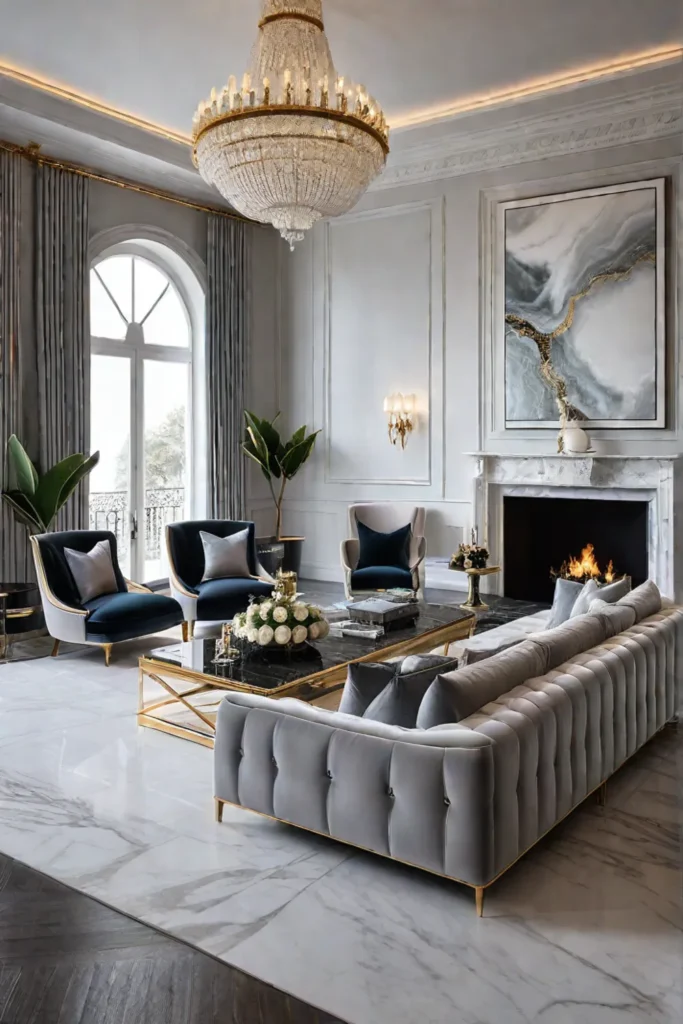 Luxurious living room with velvet sofas marble accents and metallic finishes