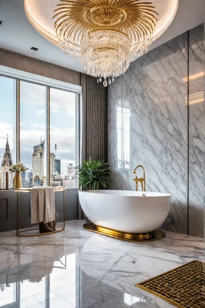 Luxury bathroom with a large soaking tub marble tiles and gold accents