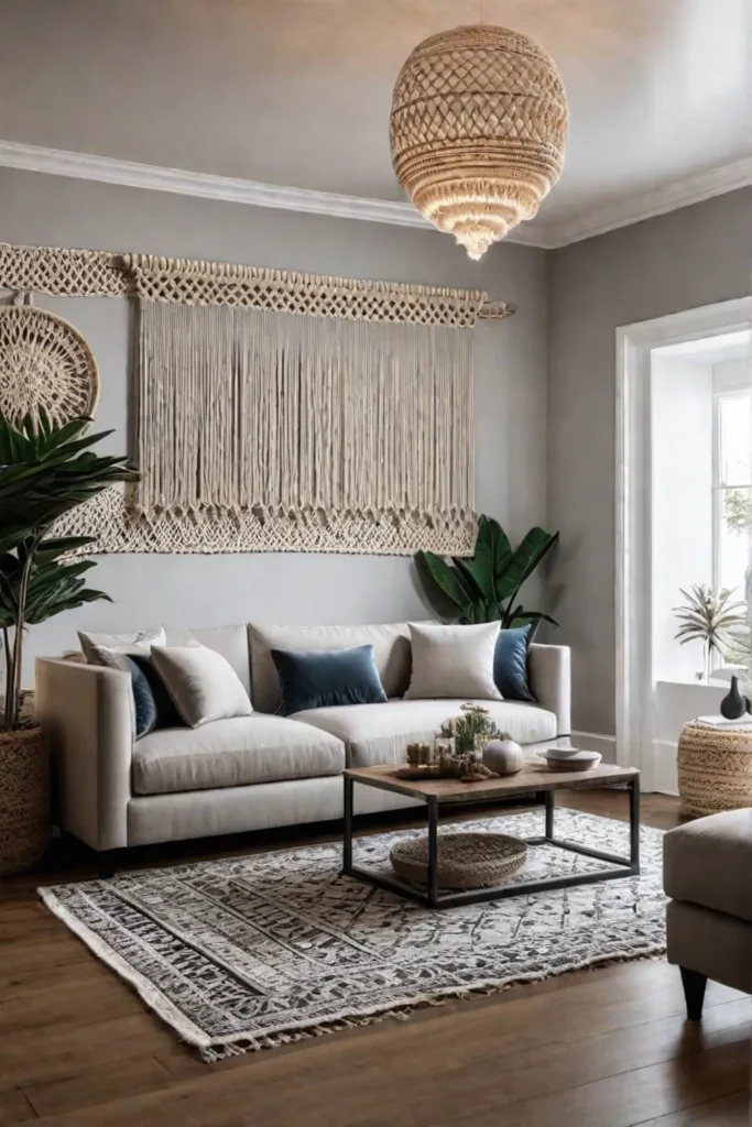 Macrame wall hangings in bohemian living room