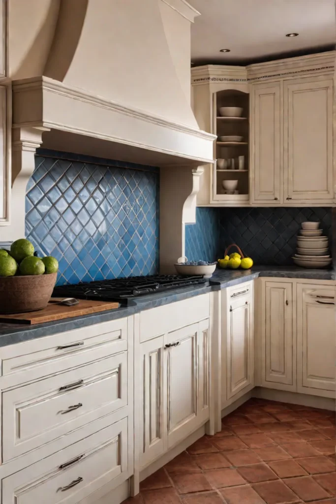 Mediterranean kitchen corner cabinet with diagonal design for large cookware storage
