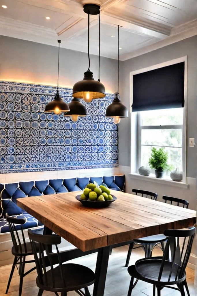 Mediterranean kitchen with builtin banquette and tile accents