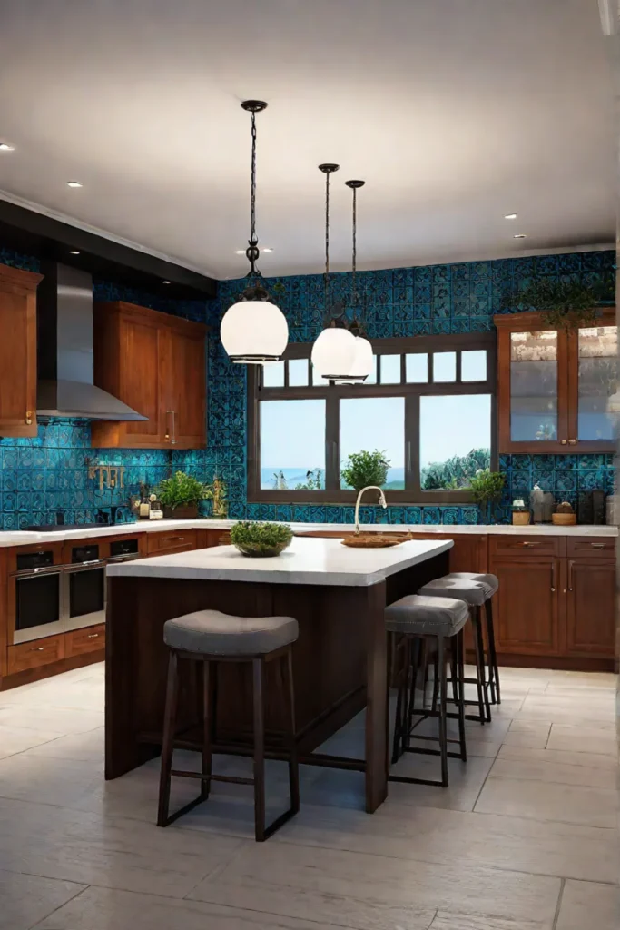 Mediterranean kitchen with ornate pendant lights and recessed lighting showcasing vibrant tiles