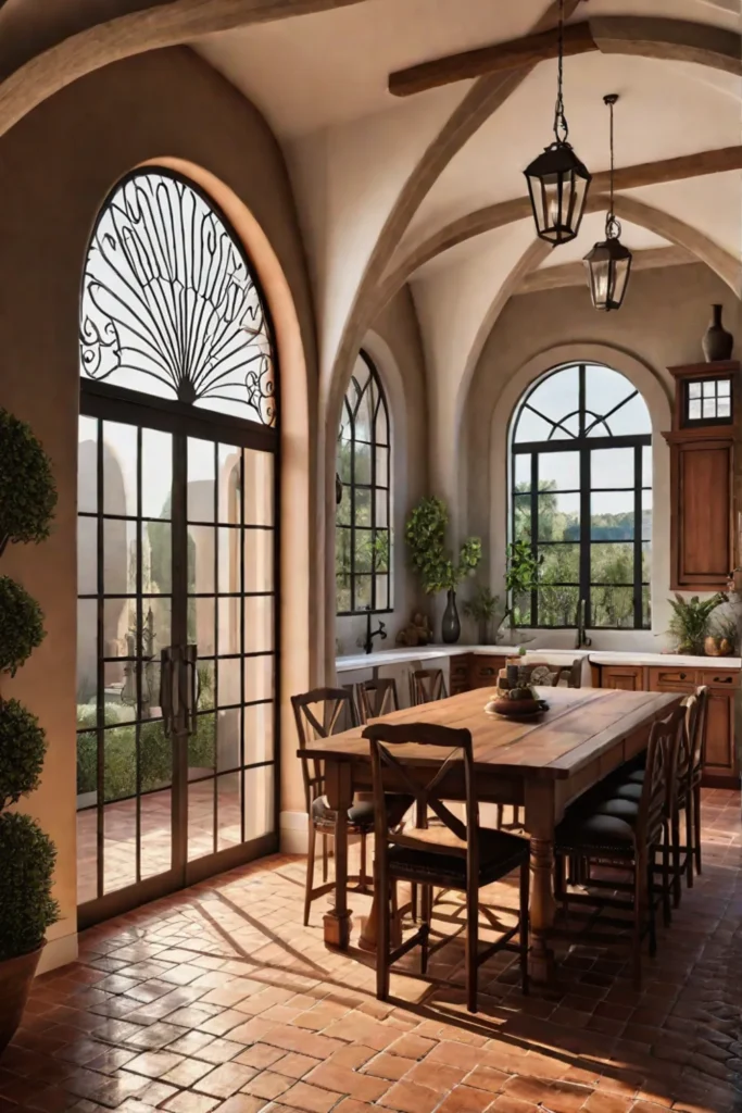 Mediterranean kitchen with terracotta tile flooring arched doorways and wrought iron accents