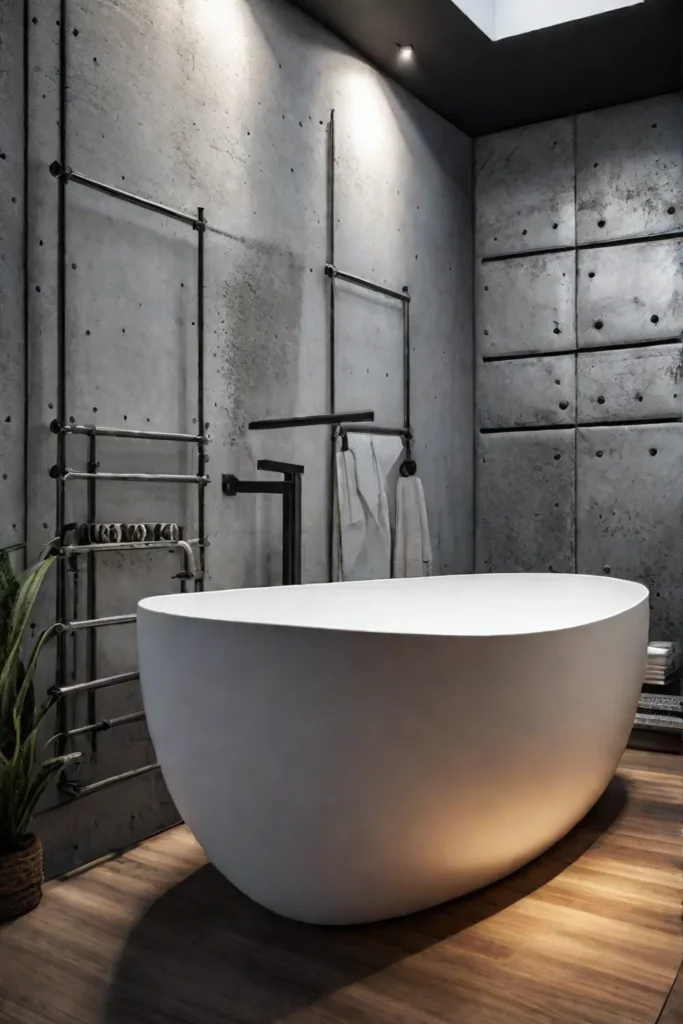 Metal wall art with geometric design in an industrialstyle bathroom